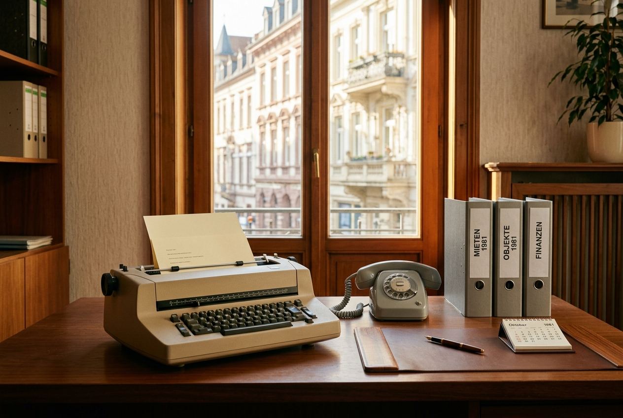 Symbolbild 1981: Elektrische Schreibmaschine und Telefon im Büro vor einer Wiesbadener Gründerzeitfassade
