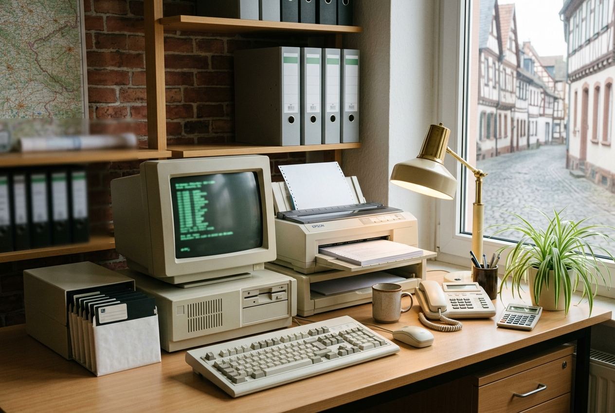 Symbolbild 1990: Erster Bürocomputer mit Disketten und Nadeldrucker