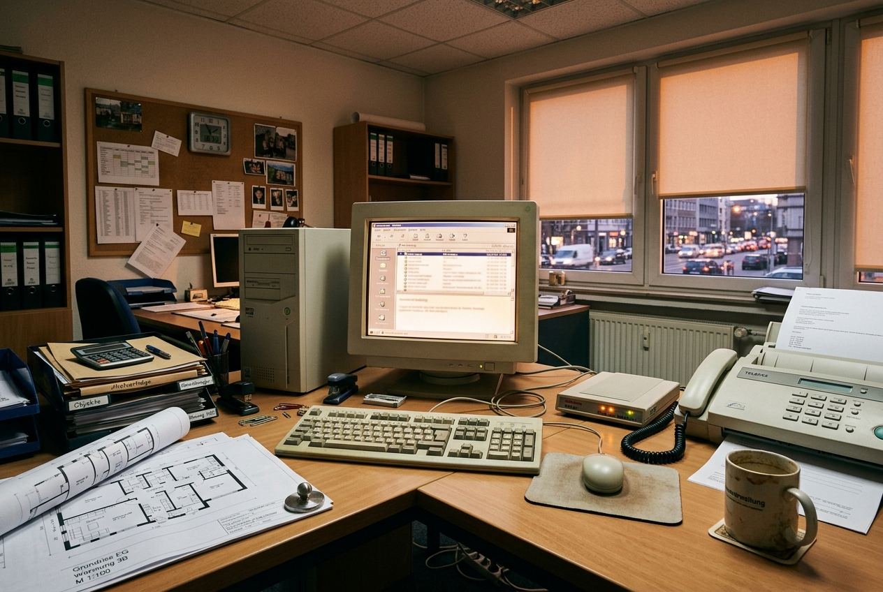 Symbolbild 1998: Büro mit Röhrenmonitor, Modem und Faxgerät