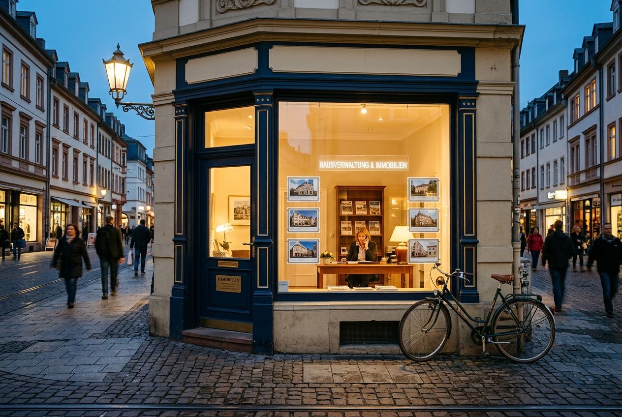 Symbolbild 2008: Ladengeschäft einer Hausverwaltung mit großem Schaufenster am Abend