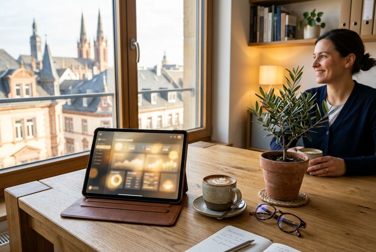 Symbolbild 2026: Tablet mit Kundenportal vor Wiesbadener Dächern
