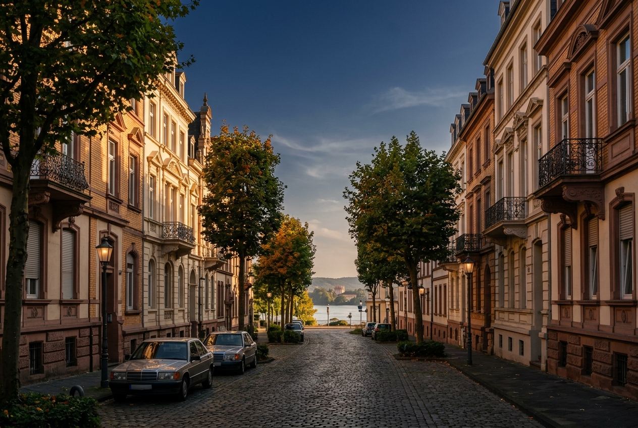 Gründerzeitstraße in Wiesbaden-Biebrich im Abendlicht (Symbolbild)