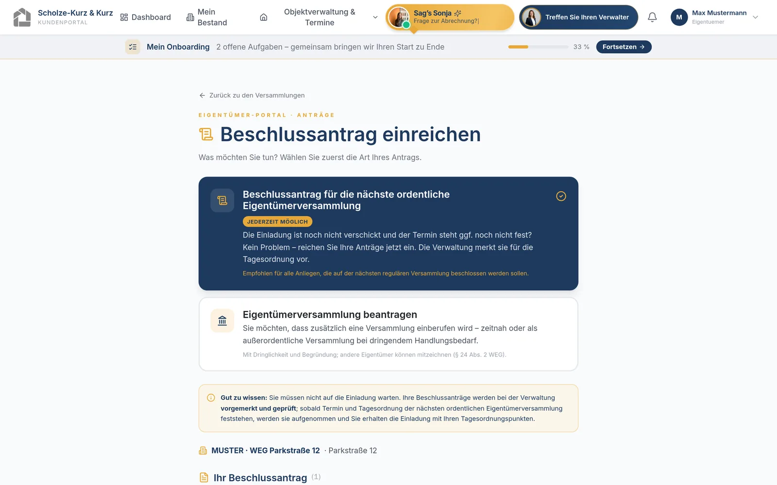 Kundenportal – Beschlussantrag für die nächste Eigentümerversammlung einreichen