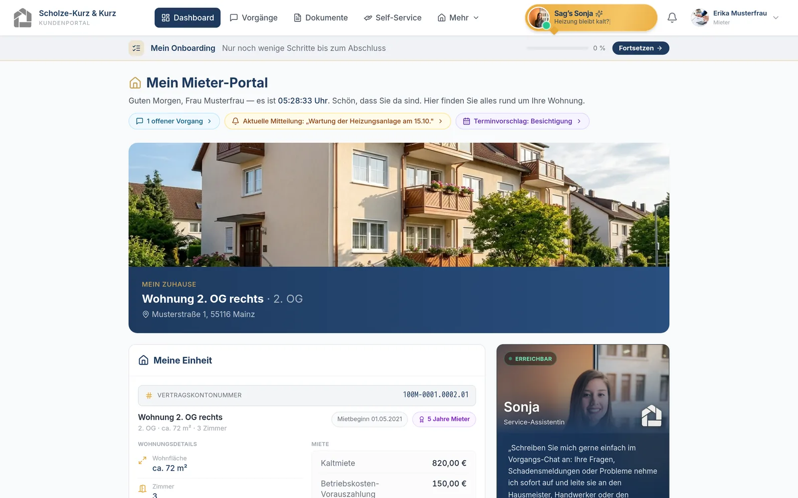 Kundenportal – Dashboard einer Mieterin mit Wohnung, Vorgängen und Mitteilungen