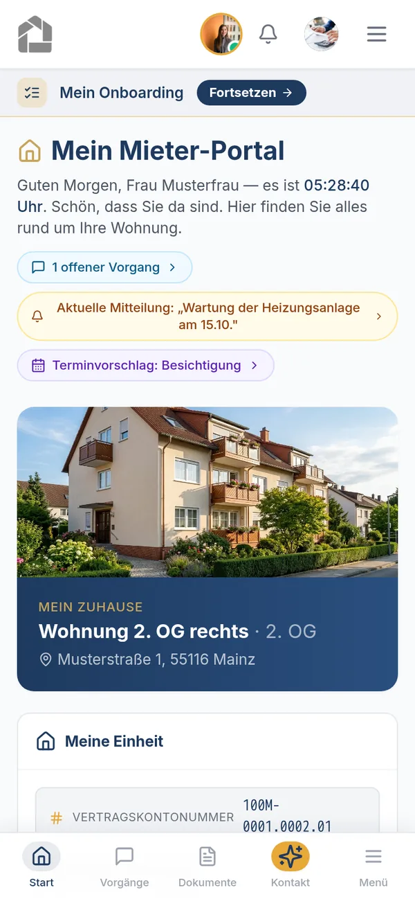 Kundenportal – Dashboard einer Mieterin mit Wohnung, Vorgängen und Mitteilungen – mobile Ansicht