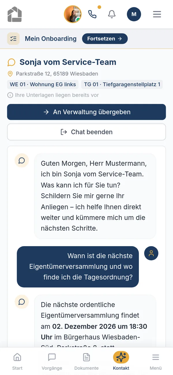 Kundenportal – Chat mit Service-Assistentin Sonja zur nächsten Eigentümerversammlung – mobile Ansicht