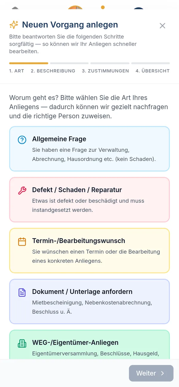 Kundenportal – geführter Assistent zum Anlegen eines neuen Vorgangs – mobile Ansicht