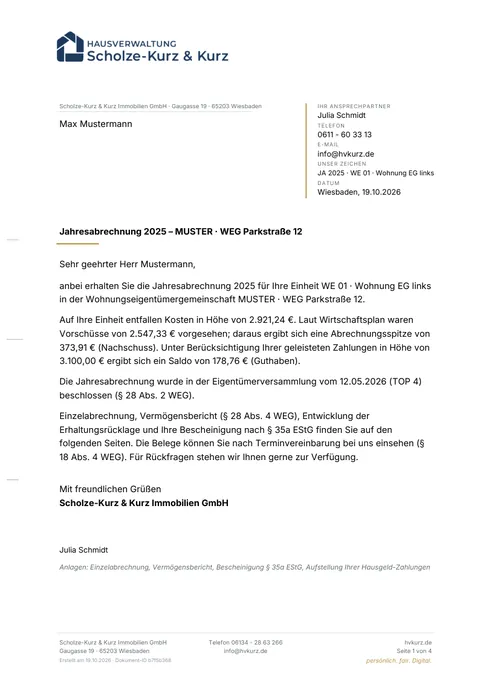 Muster: Jahresabrechnung – Einzelabrechnung (PDF, erste Seite)