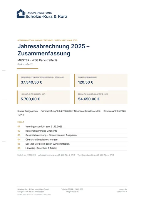 Muster: Jahresabrechnung – Gesamtabrechnung (PDF, erste Seite)