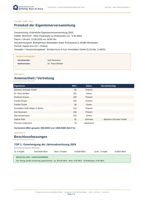 Muster: Protokoll der Eigentümerversammlung (PDF, erste Seite)