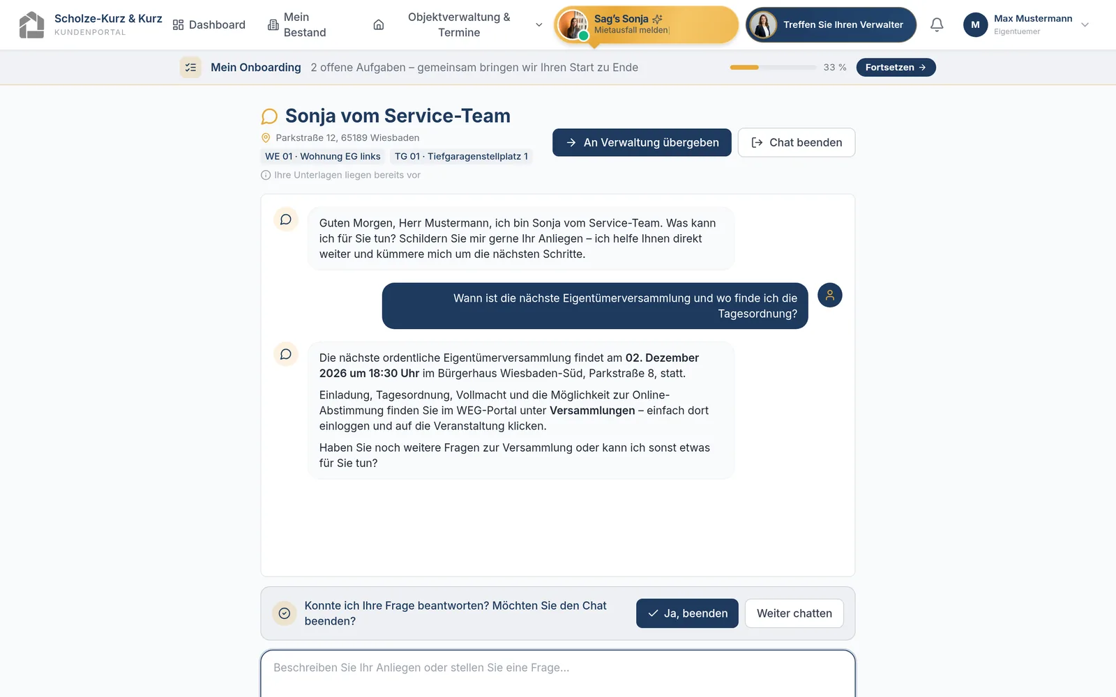 Kundenportal – Chat mit Service-Assistentin Sonja zur nächsten Eigentümerversammlung