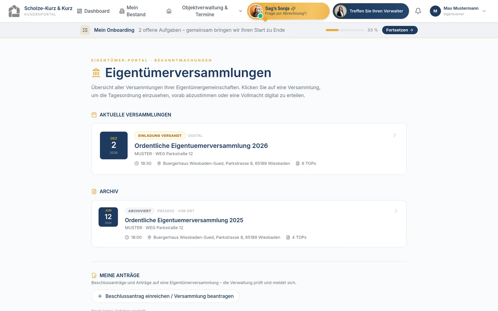 Kundenportal – Beschlussantrag für die nächste Eigentümerversammlung einreichen – Übersicht der Versammlungen