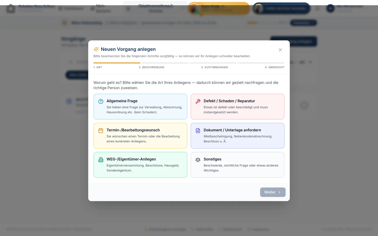Kundenportal – geführter Assistent zum Anlegen eines neuen Vorgangs