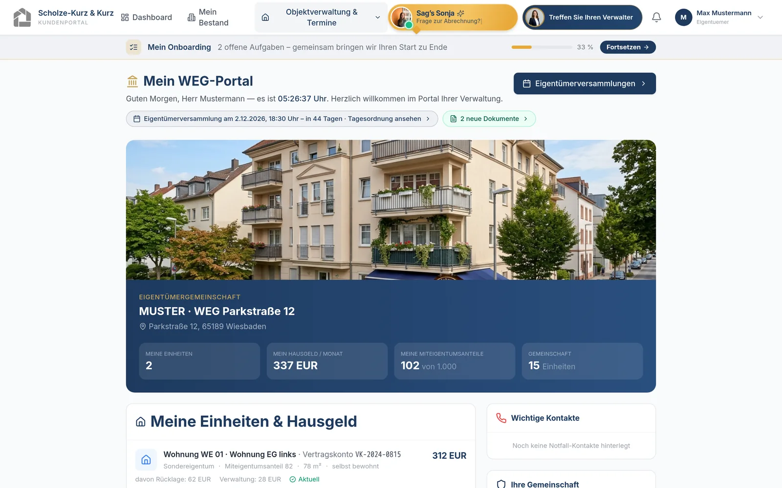 Kundenportal der Scholze-Kurz & Kurz Immobilien GmbH – Dashboard eines Wohnungseigentümers